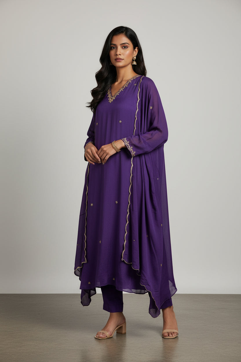 Purple Chinnon Airline HandWork  Kurtha 284