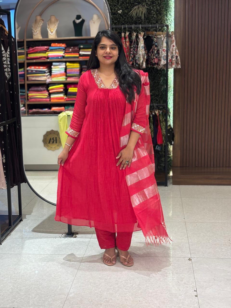 CHERRY RED Mul Chanderi Hand Embroidery Airline Kurtha 324