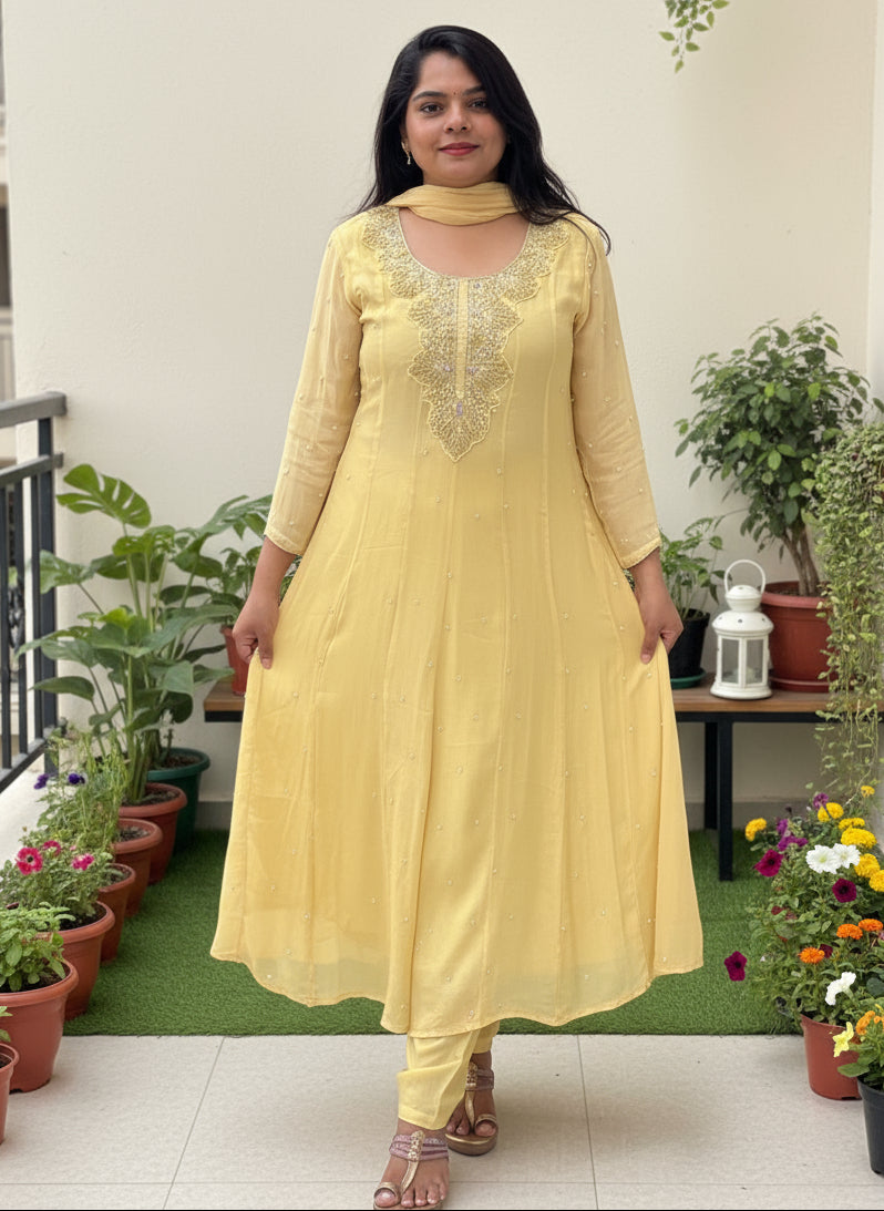 Lemon Yellow Anarkali Chinnon Hand Embroidery Kurtha 567