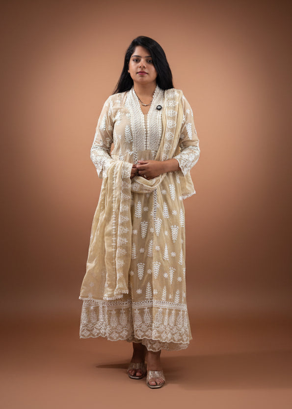 Beige Cotton Hacoba Work Anarkali Kurtha 459