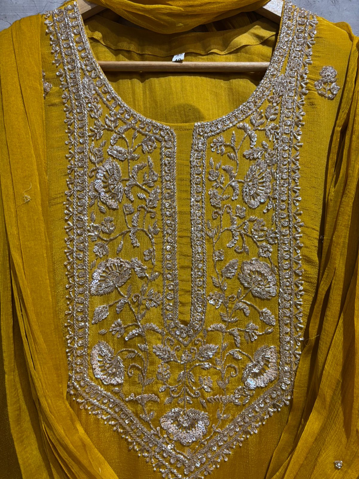 "PARI"  Masturd Yellow Designer Kurtha Set with Handwork and Palzoo Pant to