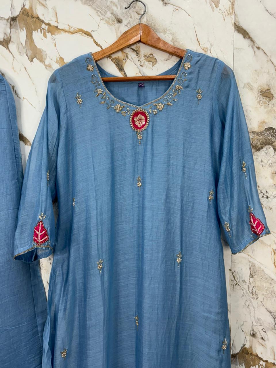 Blue Mul Chanderi Airline Handwork Kurtha