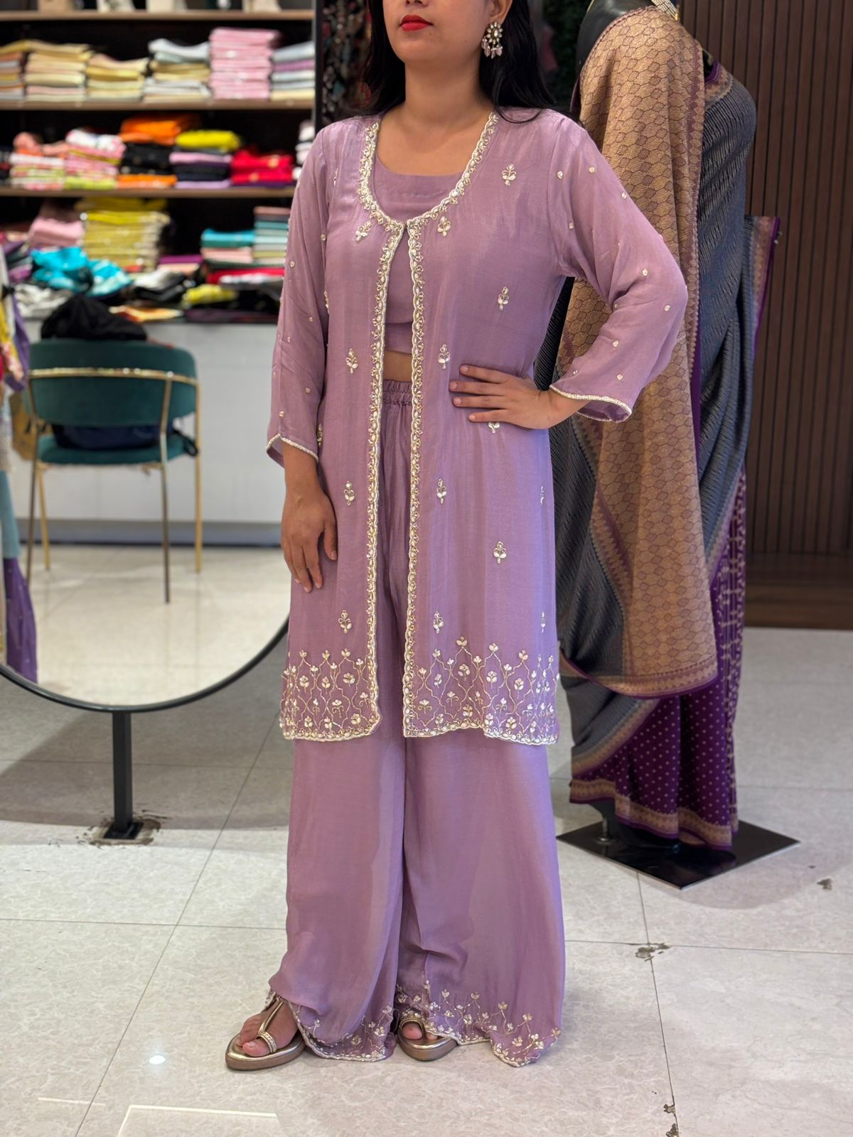 “Pari" Onion Pink Designer Kurtha 43 Set with Handwork Top, Palazoo and Jacket Indo-western capeh