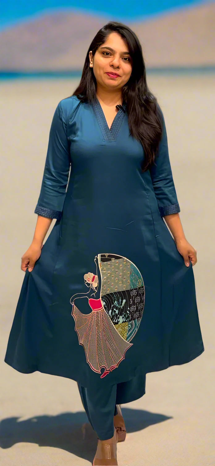 “Runi” Newy Blue Designer Cord 99 set with handwork applique work Kurtha
