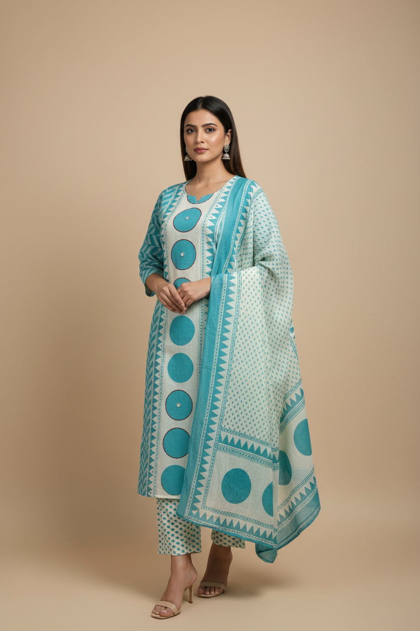 Blue Cotton Hand Embroidery Straight Fit Kurtha