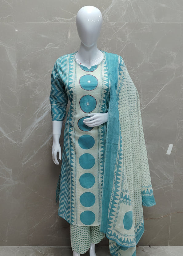 Blue Cotton Hand Embroidery Straight Fit Kurtha