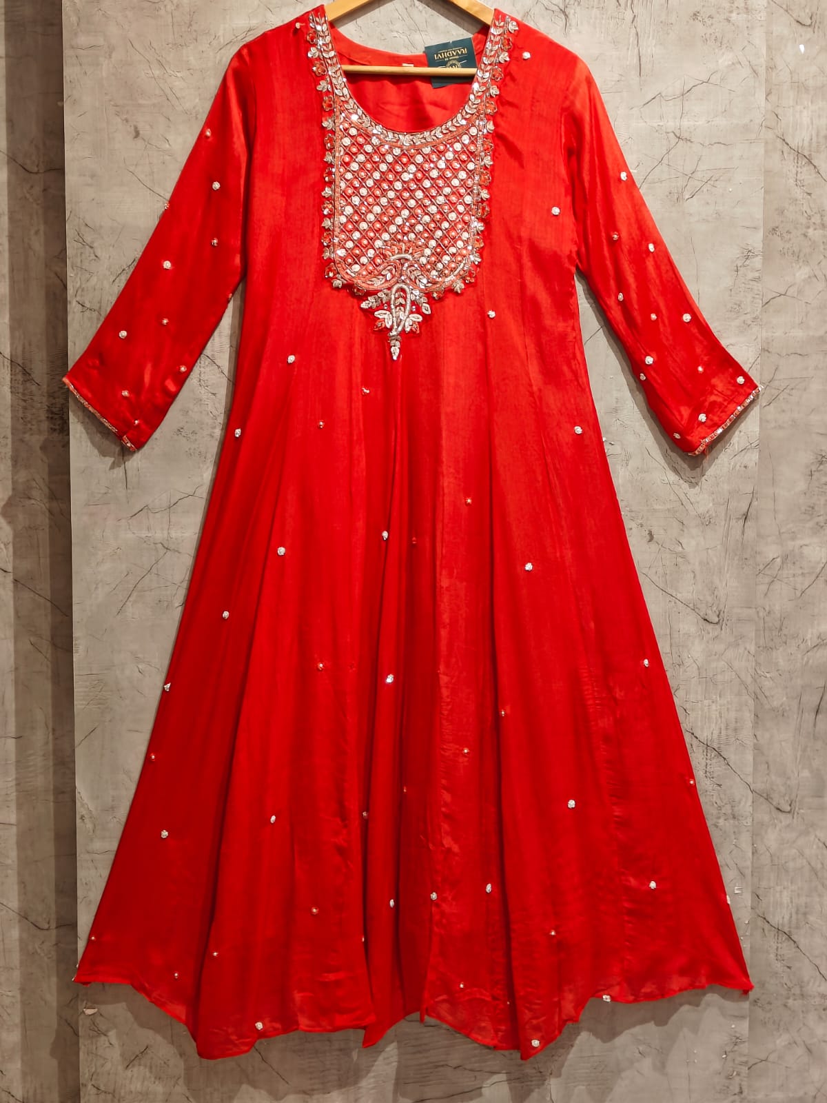 Orange Anarkali Chinnon Hand Embroidery Kurtha 567