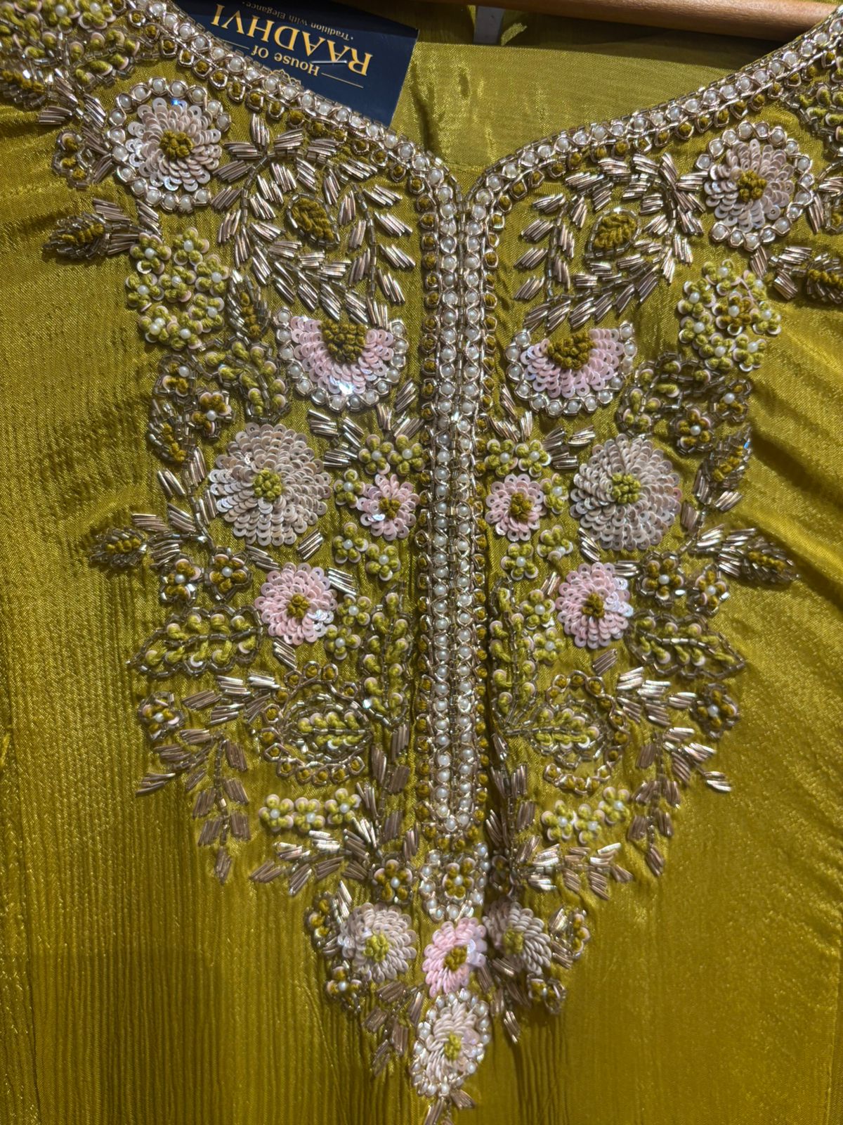 “Pari" Pista Green Anarkali Chinnon Handwork Partyware Kurtha