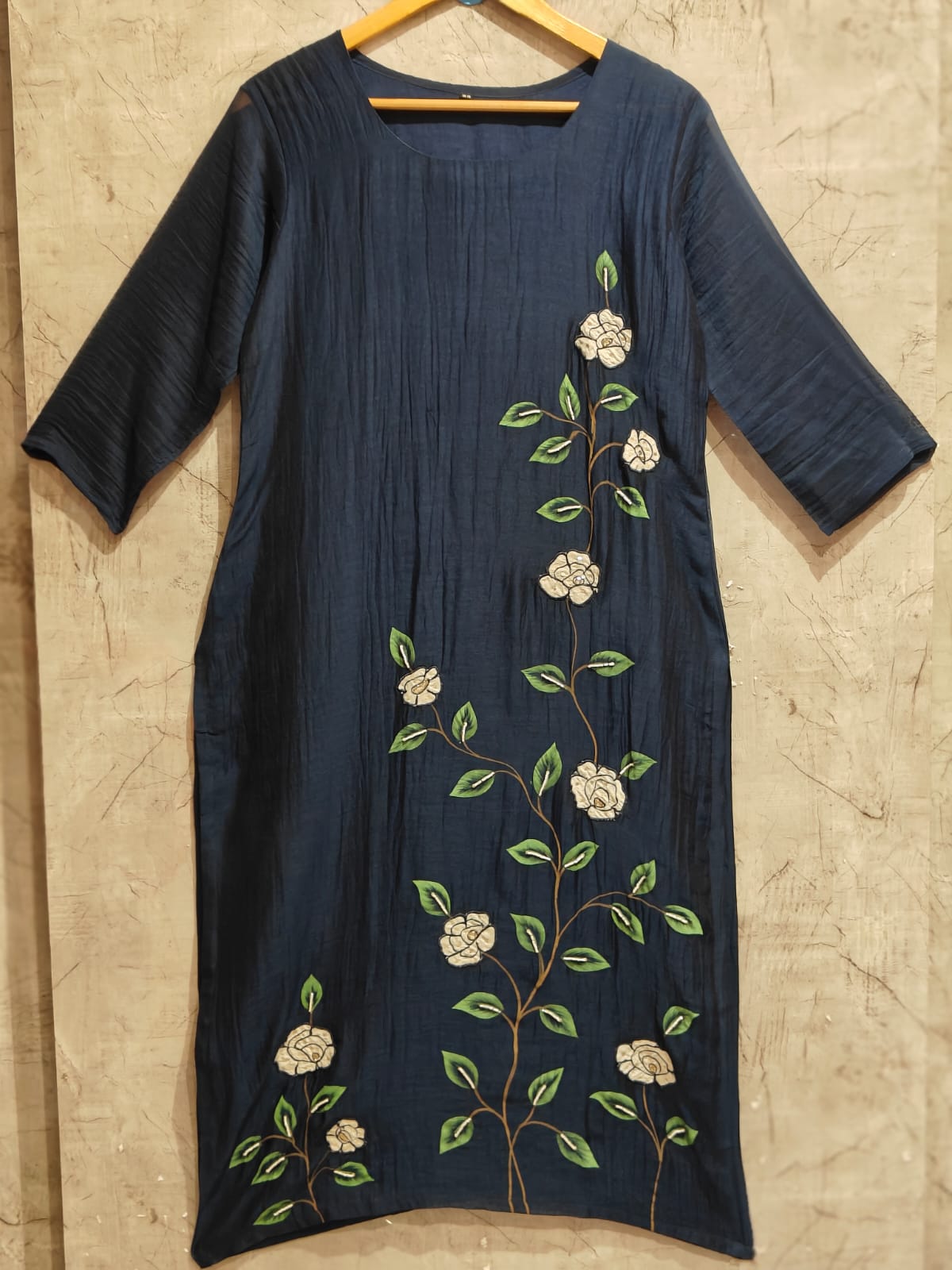 Navy Blue Mul Chanderi hand painted kurtha 203