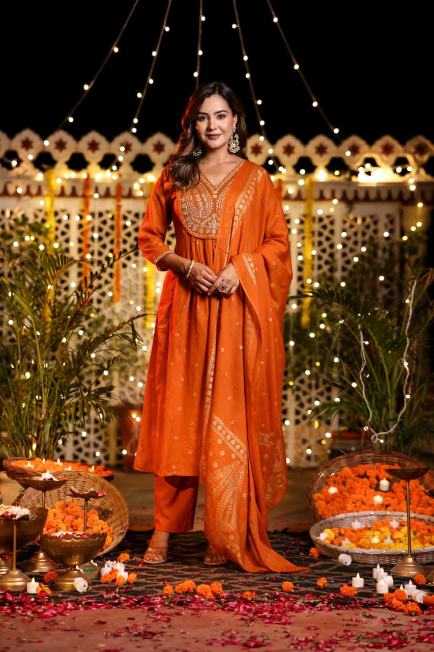Orange Cotton Hand Embroidery Airline Kurtha 677
