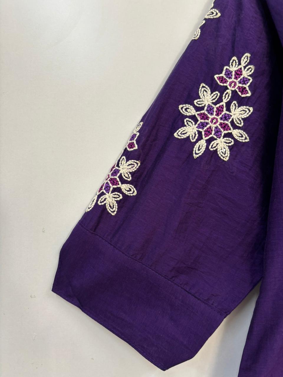 Purple Mul Chanderi Thread Embroidery Airline Kurtha 439