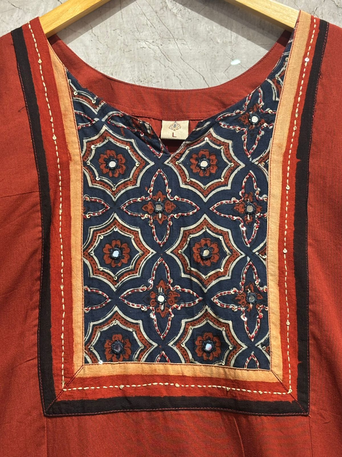 Brown Cotton embroidery straight fit Kurtha set