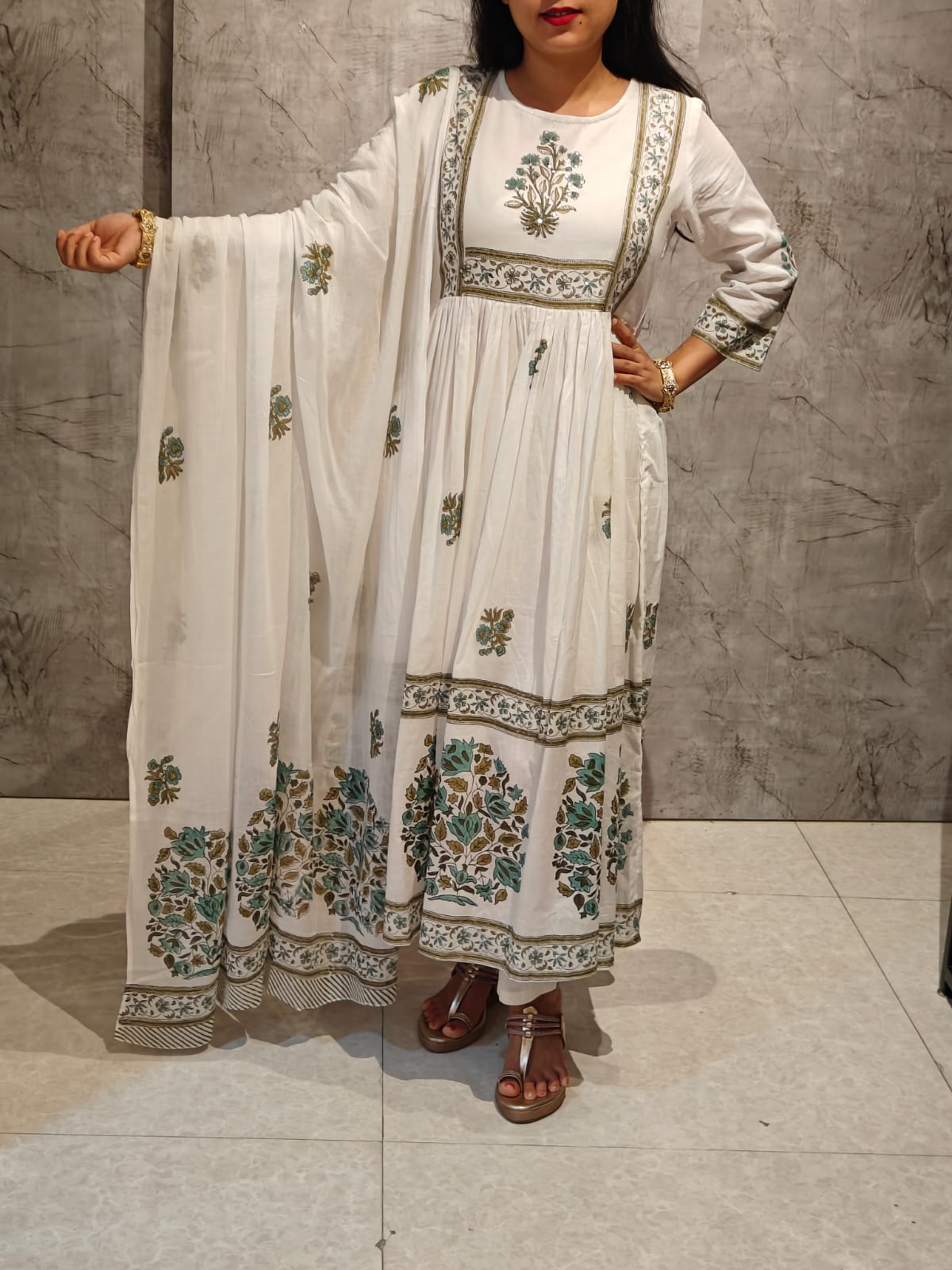 White n Green Mul Cotton Block Print Anarkali Kurtha 98