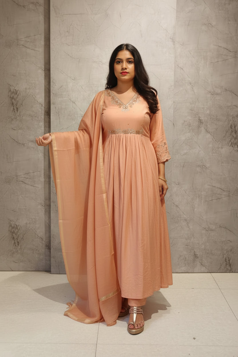 Peach Mul Chanderi Hand Embroidery Airline Kurtha 088