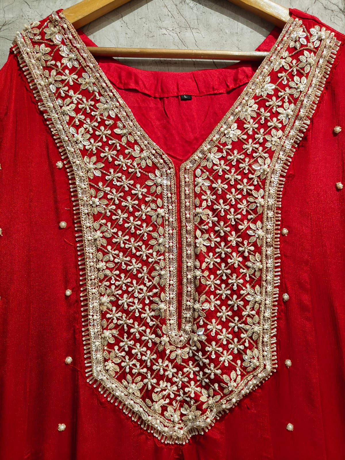 Red Anarkali Chinnon Hand Embroidery Kurtha 567