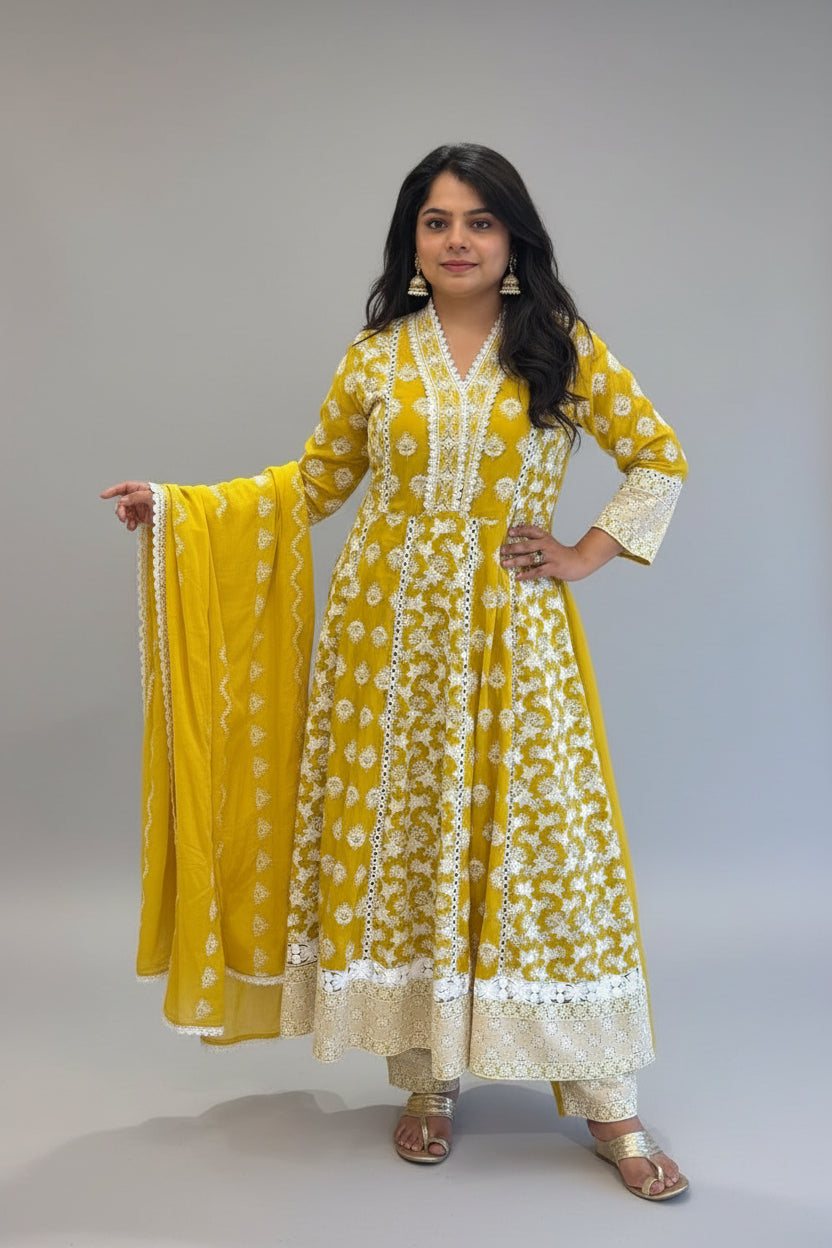 Yellow Cotton designer Hakoba chicken curry work Anarkali Kurtha 459
