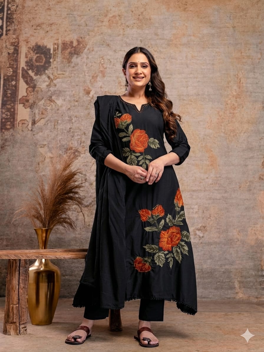 Black Cotton Hand Embroidery A Line Kurtha 389