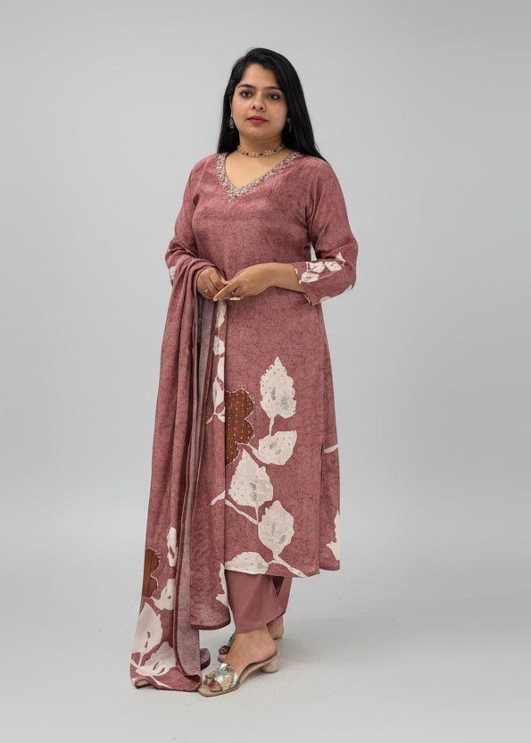 Brown Digital Print Handwork Crepe Kurtha 693