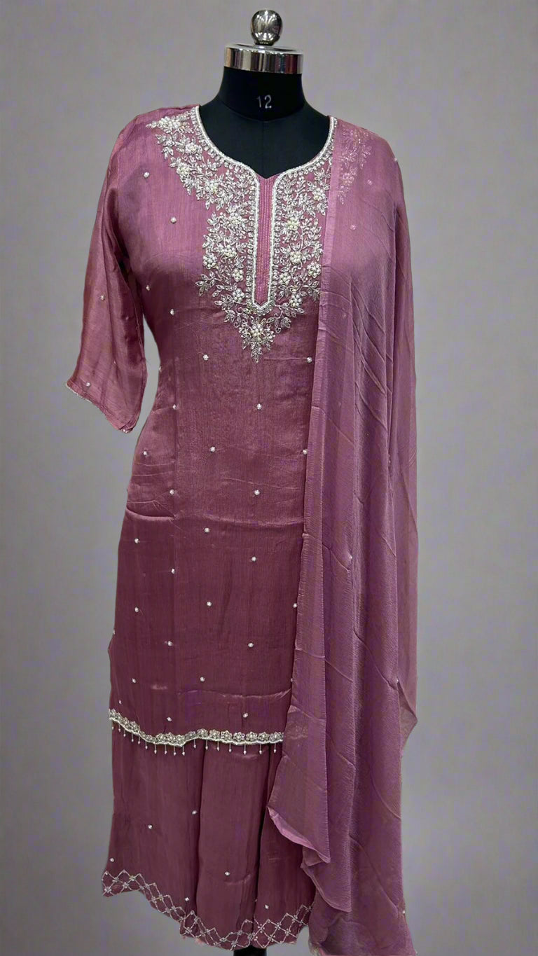 "PARI"  Wine Designer Kurtha Set with Handwork and Palzoo Pant