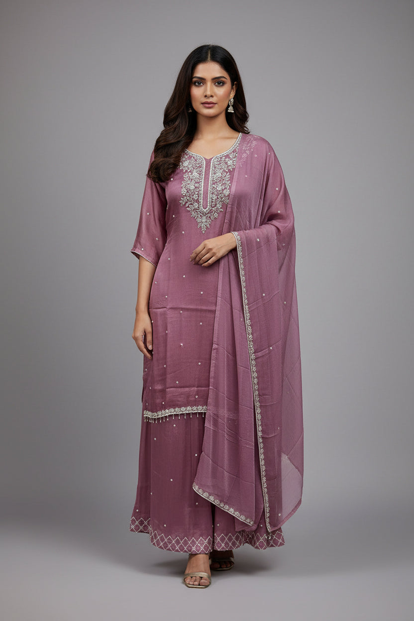 "PARI"  Wine Designer Kurtha Set with Handwork and Palzoo Pant