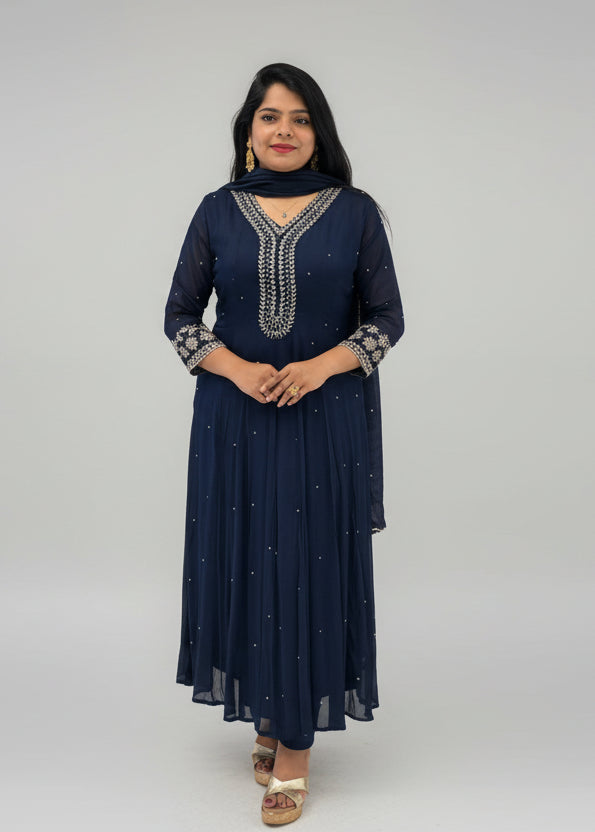 Navy Blue Anarkali Chinnon Hand Embroidery Kurtha 567