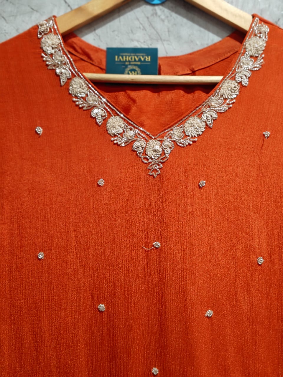 Orange Anarkali Chinnon Hand Embroidery Kurtha 16