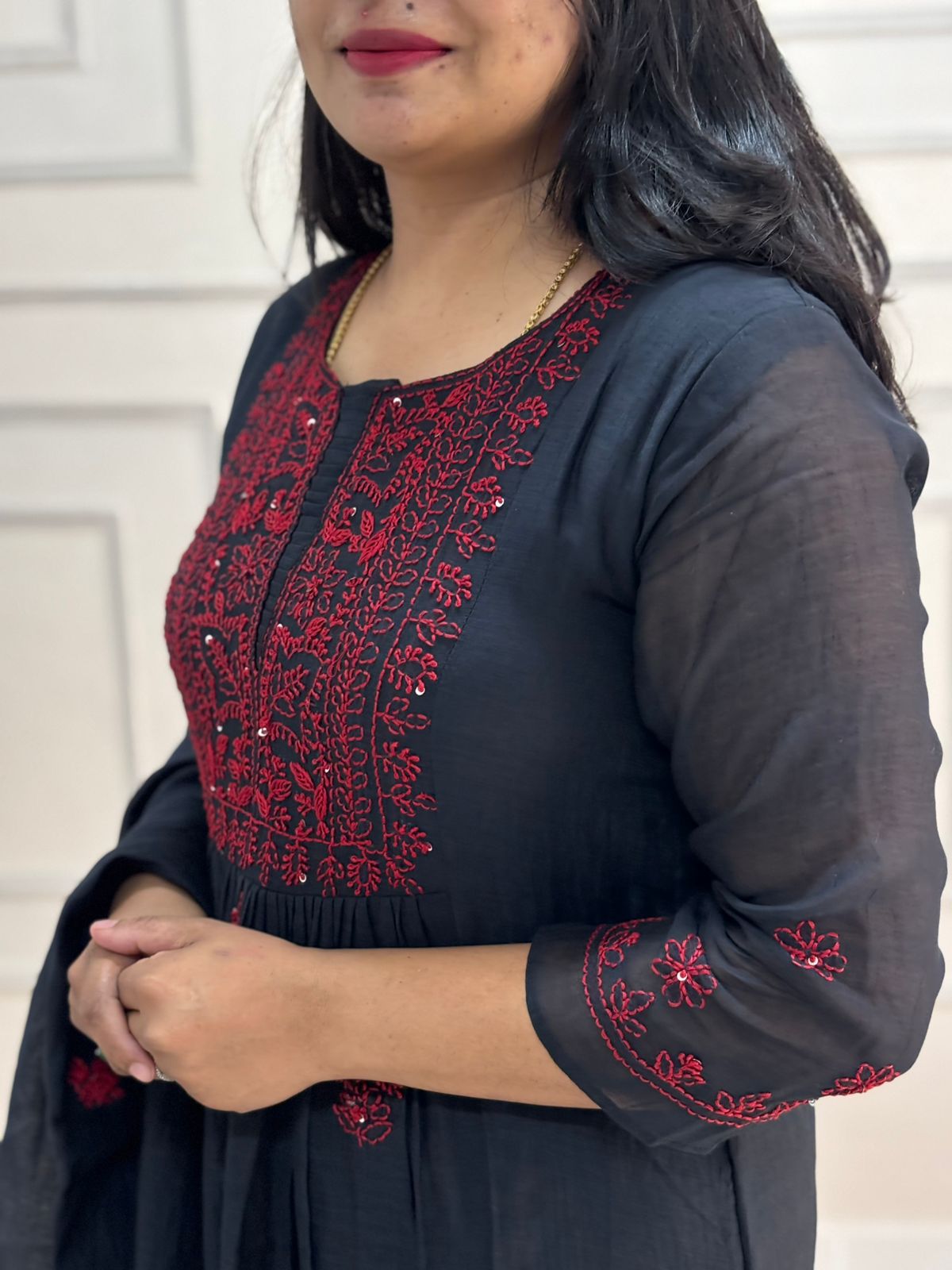 Black Mul Chanderi Hand Embroidery Airline Kurtha 935