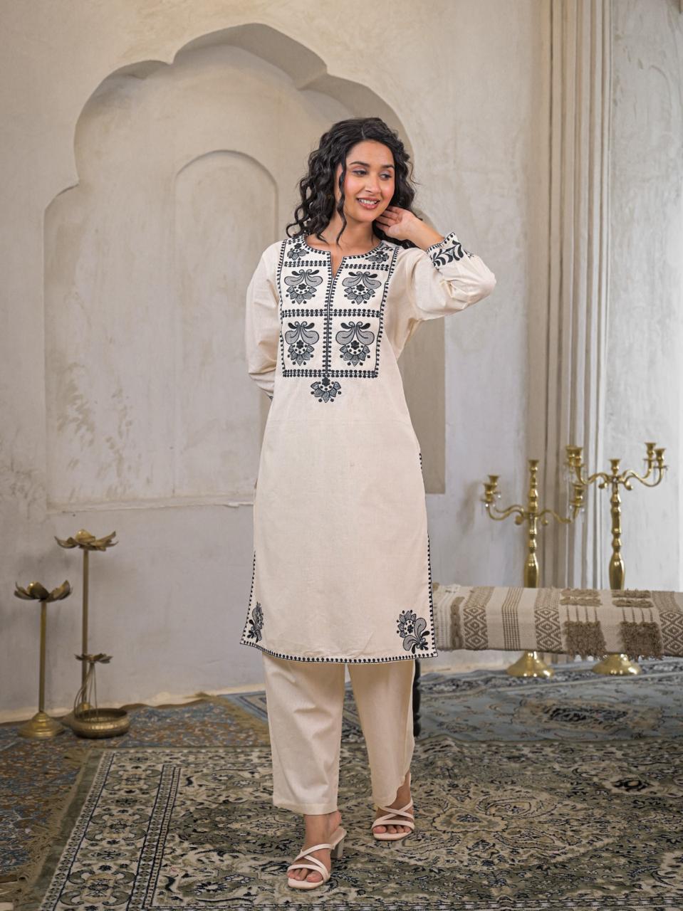 White and Black Cotton Linen Thread Cord set  Kurtha set 077