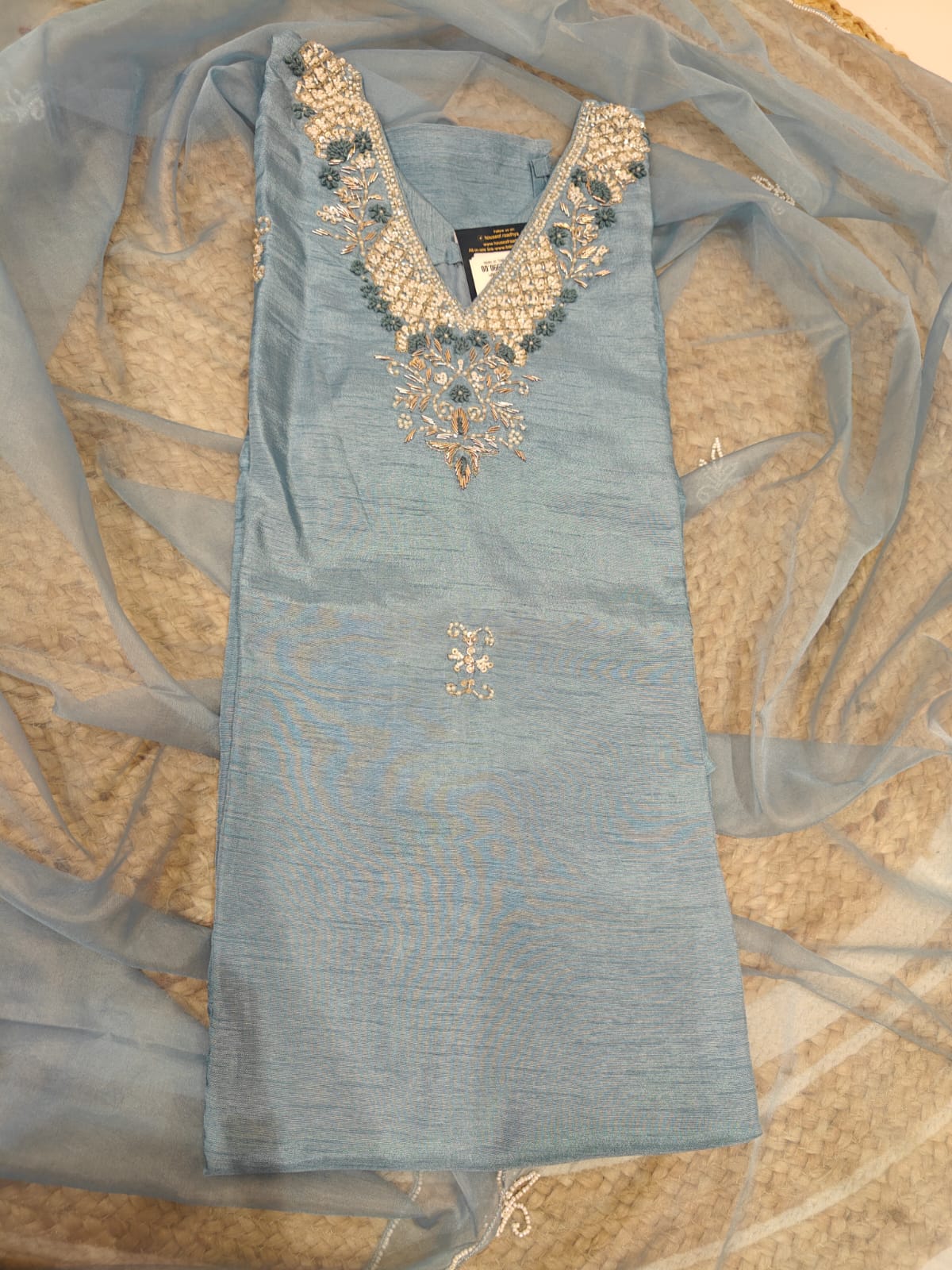 Sky blue Dola silk Pastel Kurtha with Pearl handwork embroidery work 511