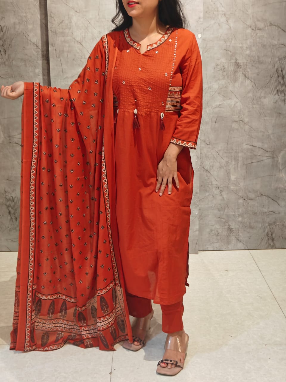 Orange Cotton Embroidery Straight Fit Kurtha 606