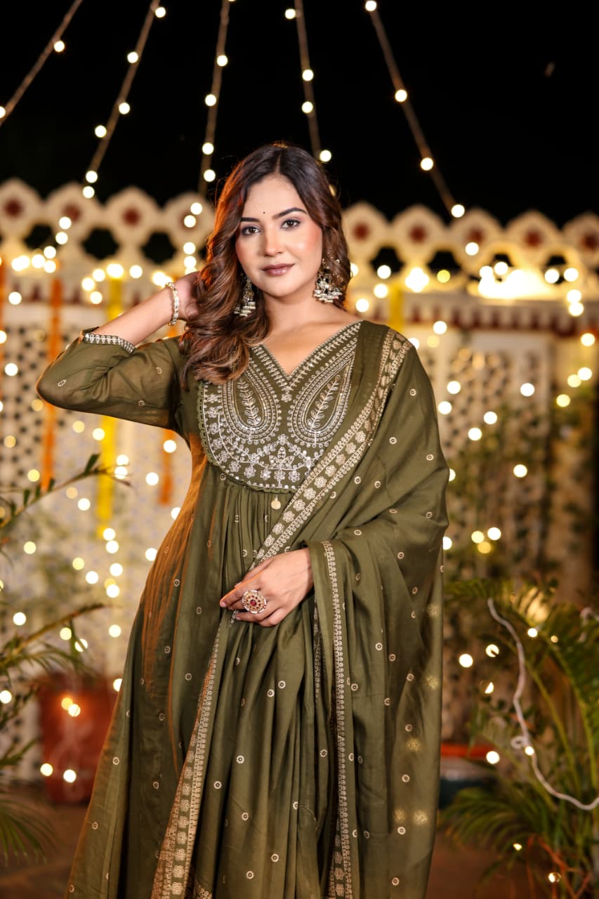 Green Cotton Hand Embroidery Airline Kurtha 677