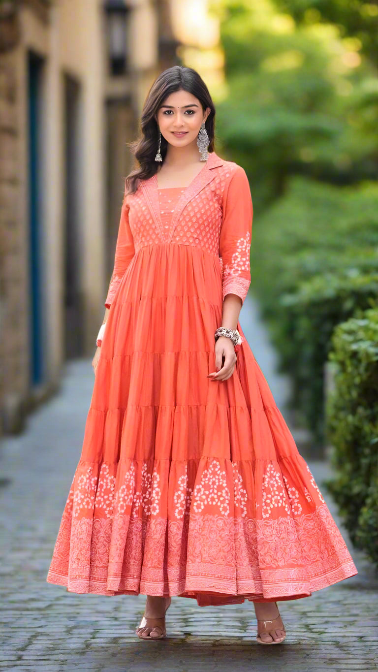 “Jhoda” Orange Mul cotton with hand work Anarkali Kurtha 111
