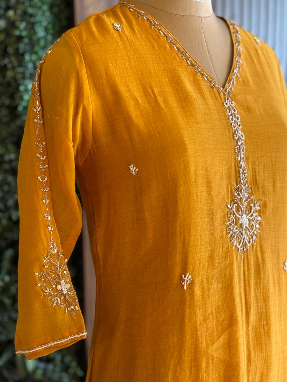 Yellow Mul Chanderi Anarkali Handwork Kurtha 126