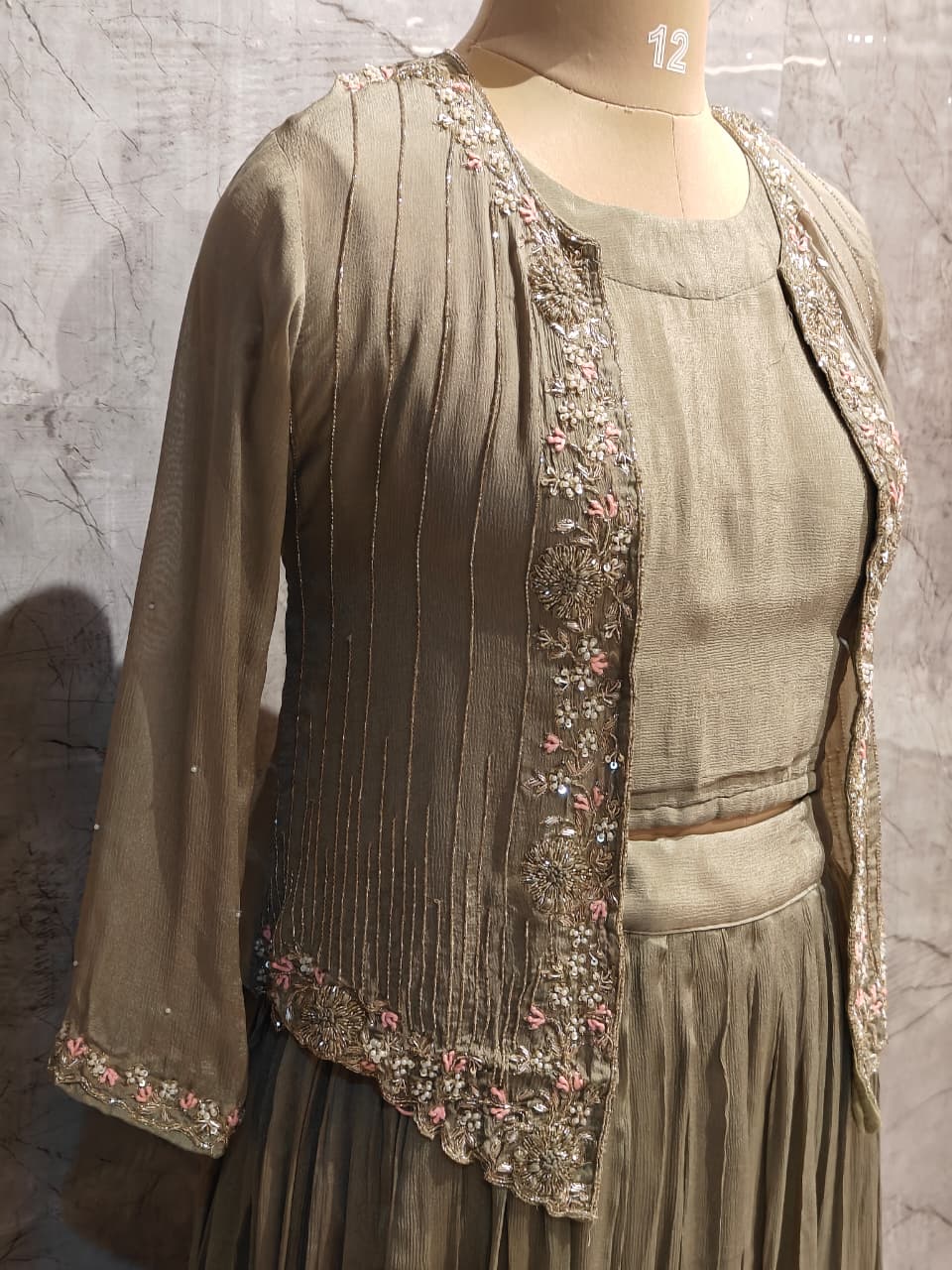 “Pari" Green Designer Kurtha 43 Set with Handwork Top, Skirt and Jacket Indo-western