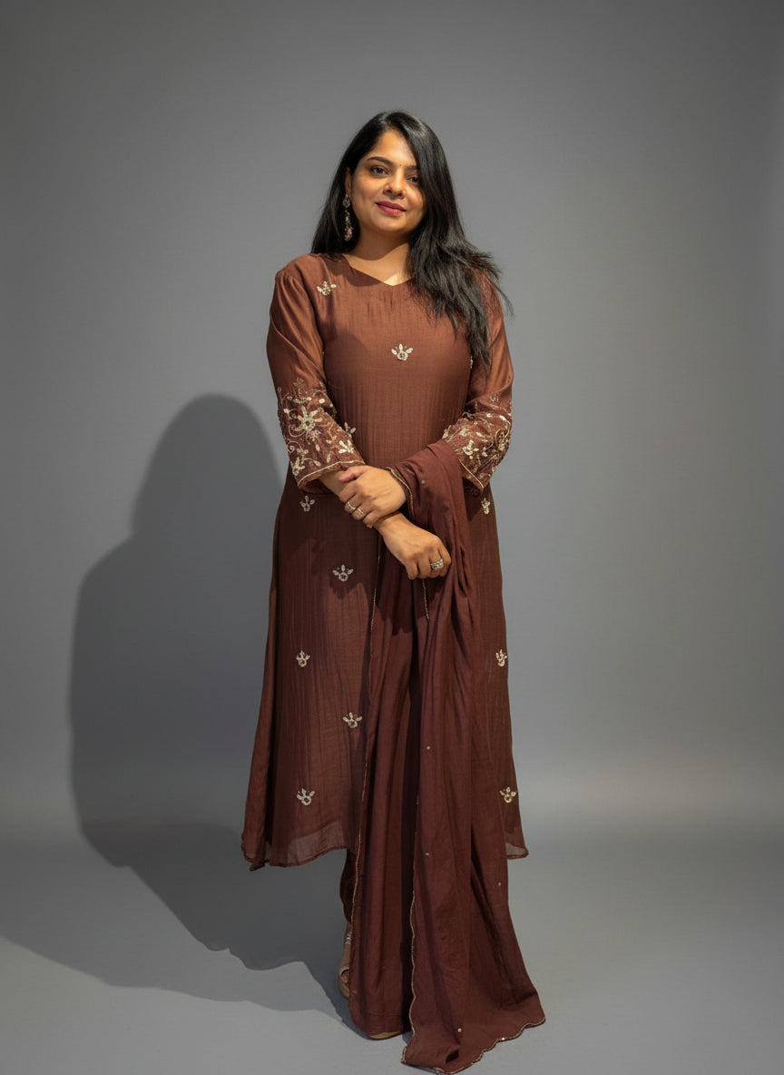 Brown Mul Chanderi Hand Embroidery Anarkali Kurtha 261