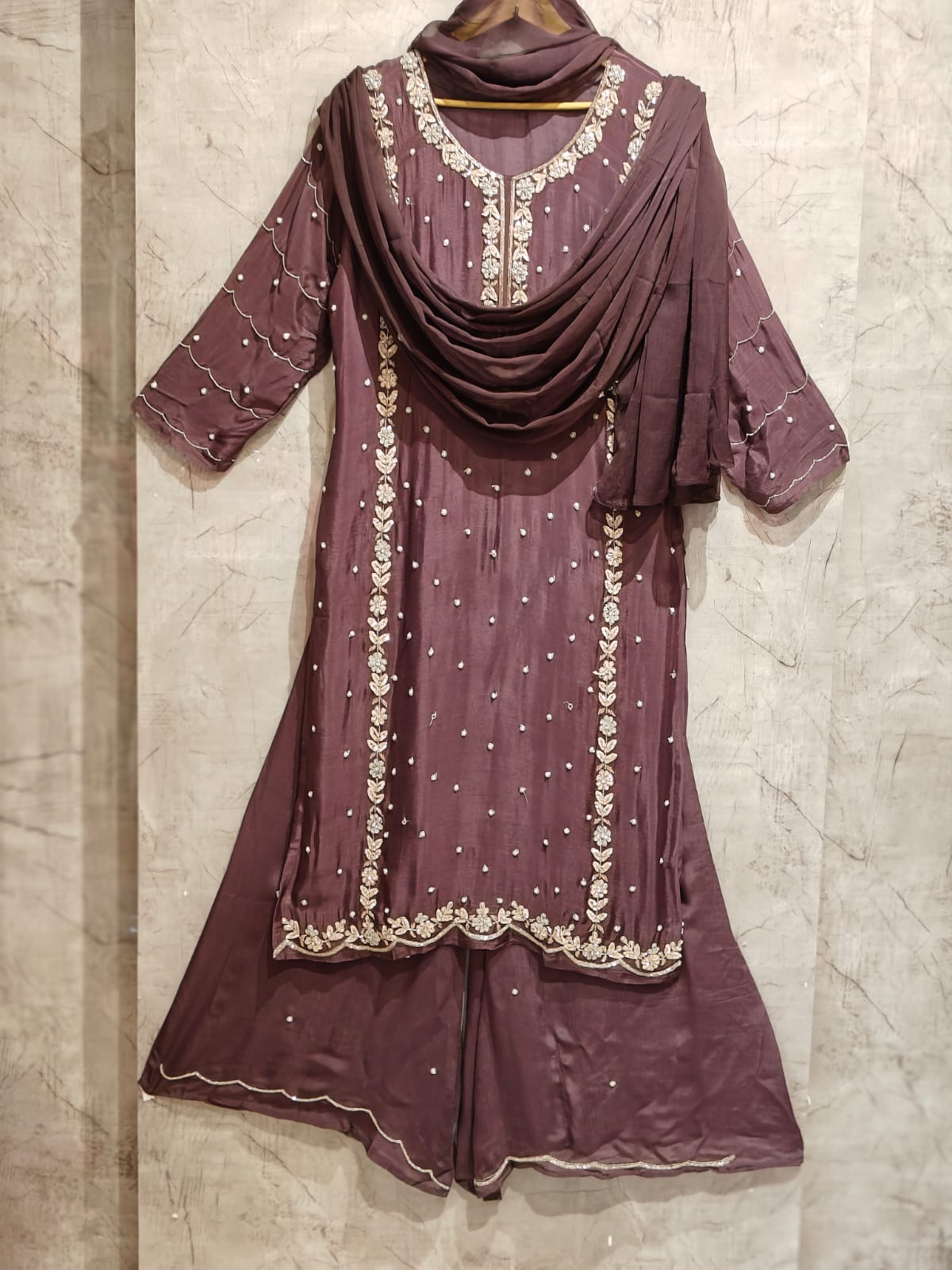“Pari" Purple chinnon Crepe  handwork party ware Kurtha 44 set