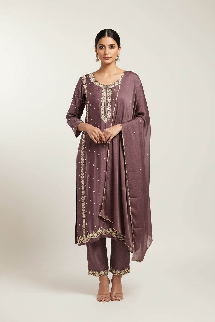 “Pari" Purple chinnon Crepe  handwork party ware sharara 44 set