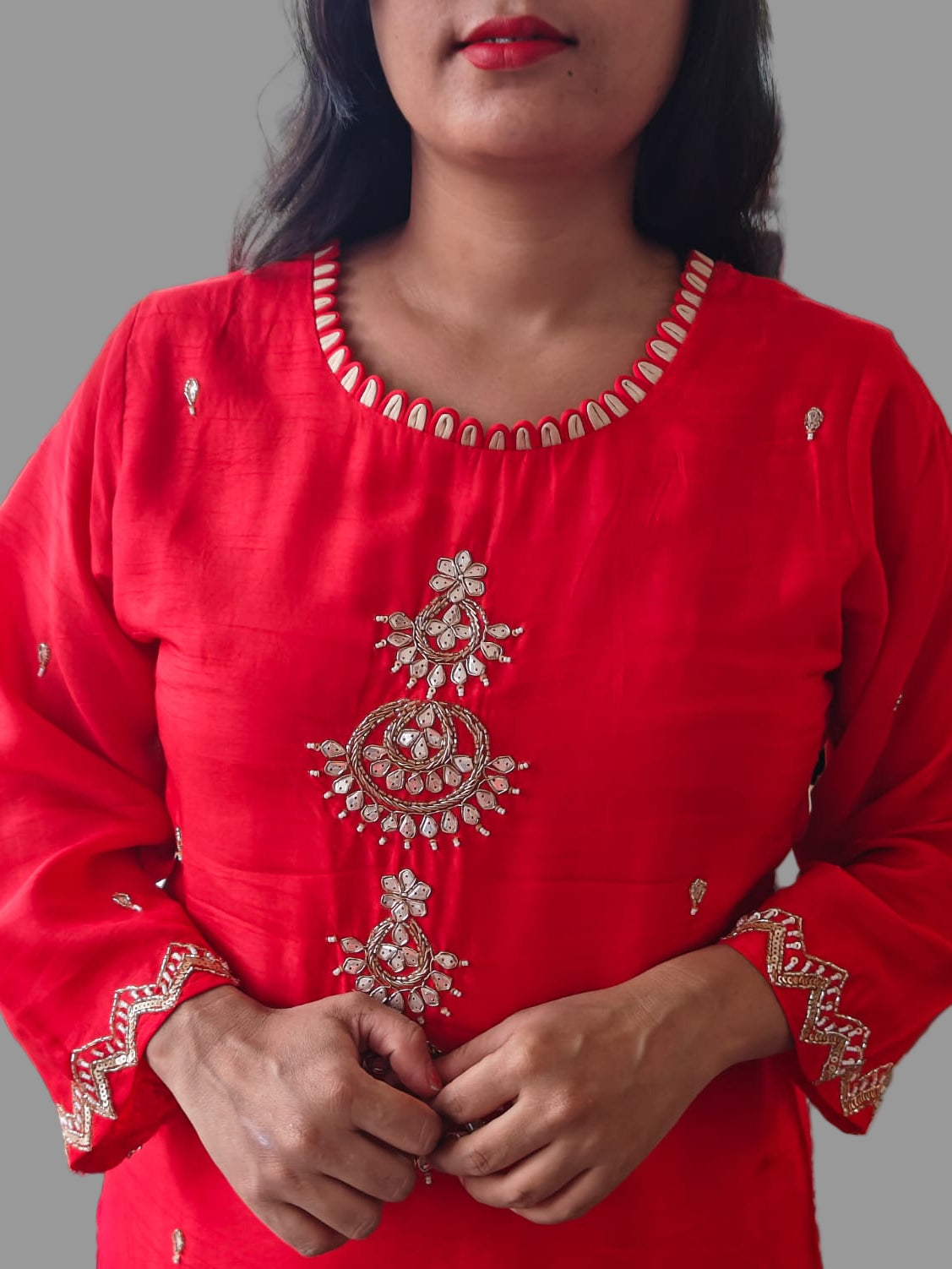 Red Dola Silk Handwork Straight Fit Kurtha 49