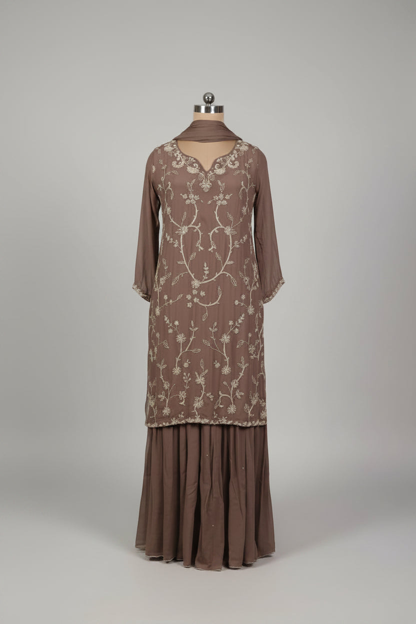 Brown Chinnon Hand Embroidery Sharara Kurtha 301