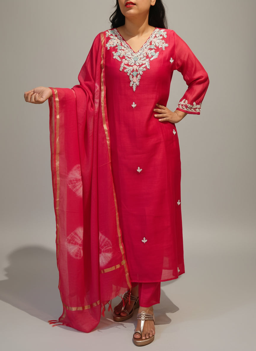 “Pani" Pink Mul Chanderi silk Kurtha with Handwork Embroidery