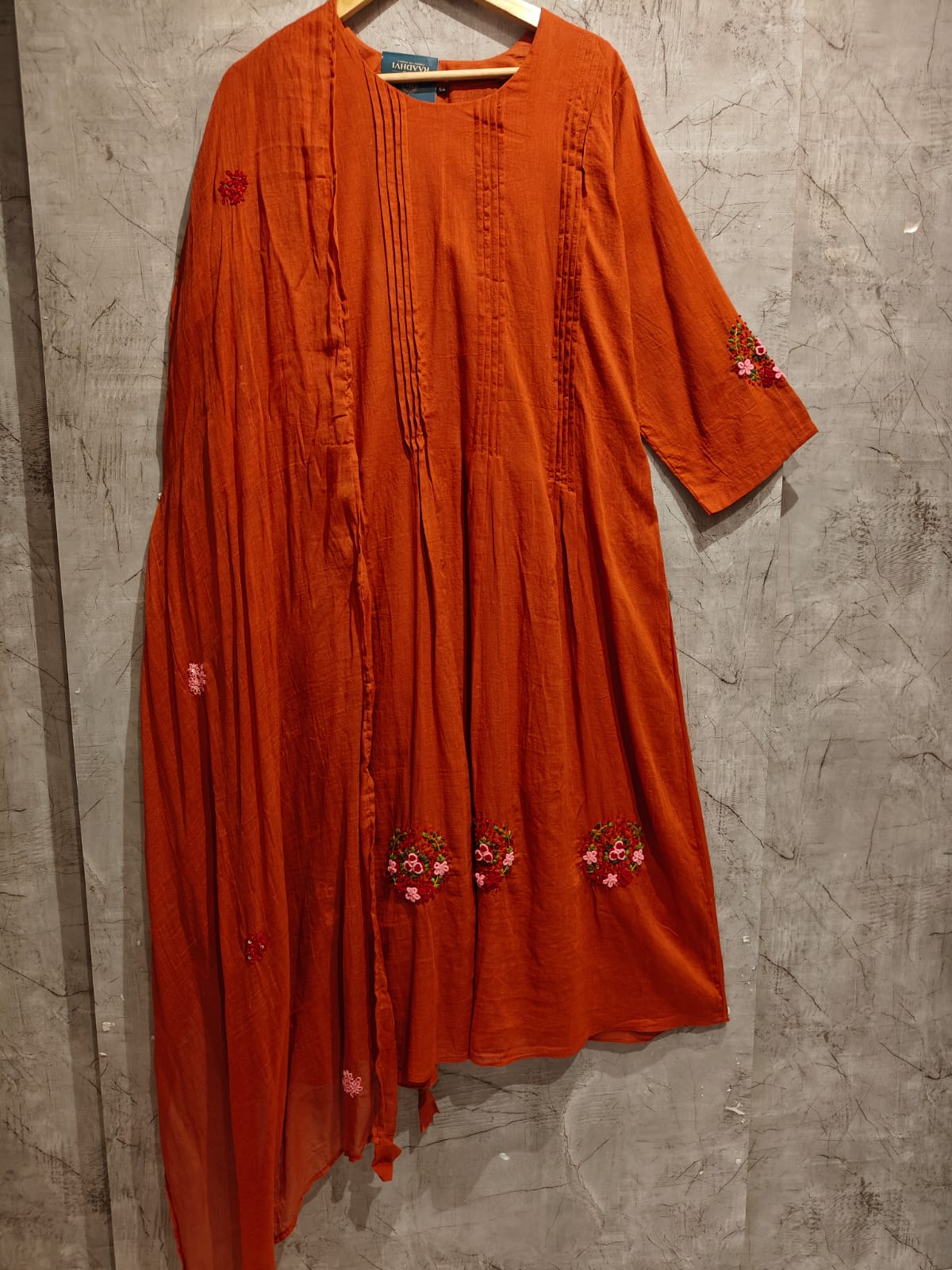 Orange Mul Cotton Thread Embroidery Airline Kurtha
