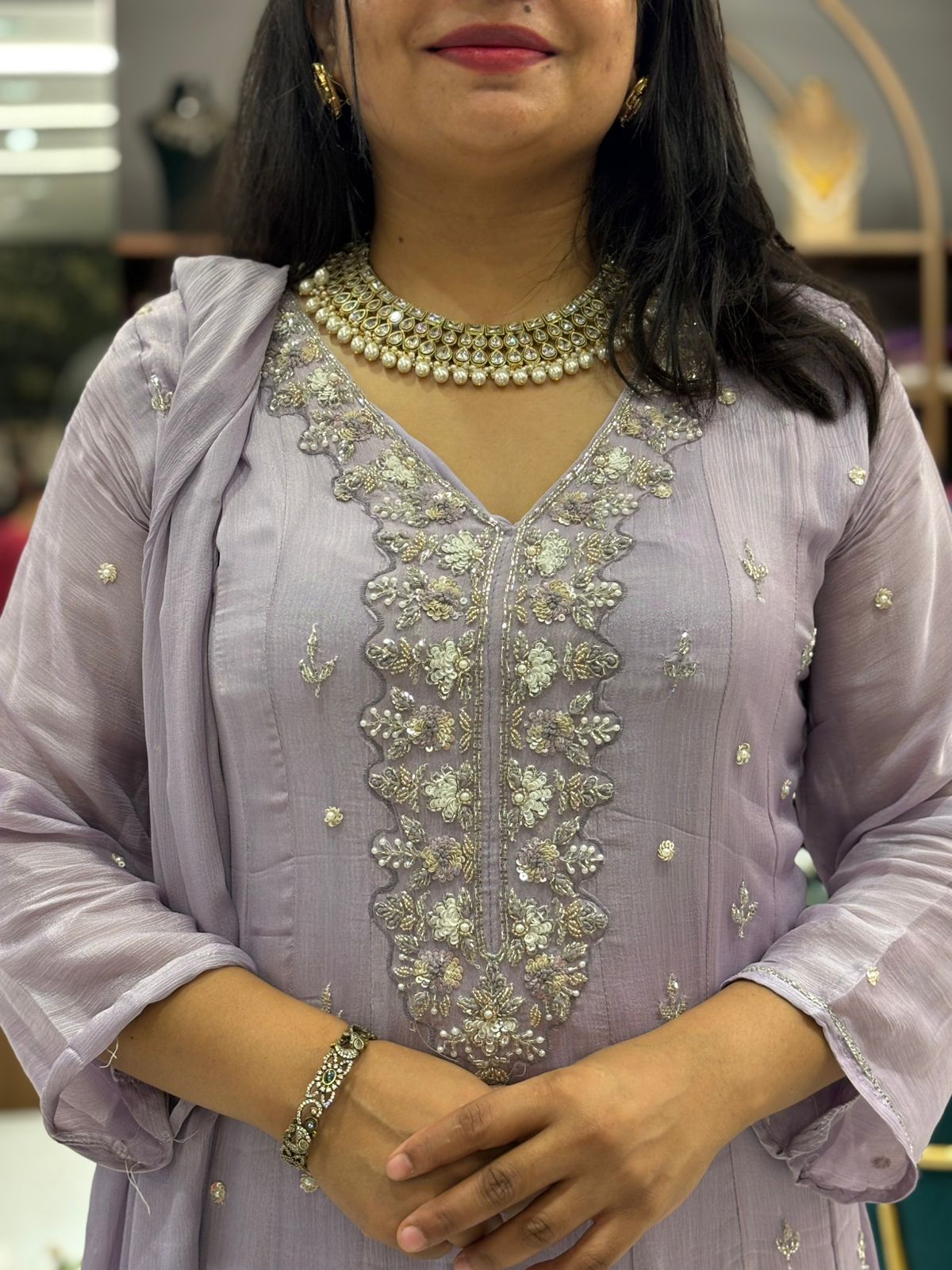 Lawnder Anarkali chinnon handwork party ware Kurtha 567
