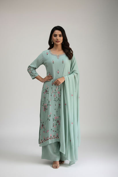 Sky Blue MUL CHANDHERI Handwork Partyware Kurtha 225