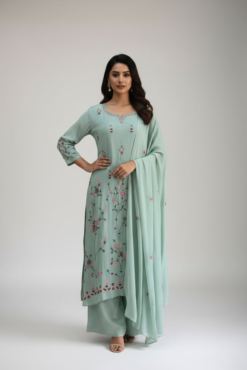 Sky Blue MUL CHANDHERI Handwork Partyware Kurtha 225