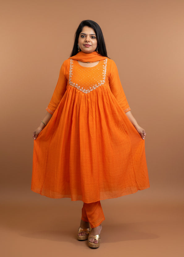 "Sita" Orange Mul Chanderi Silk Anarkali Handwork Kurtha 141 Set