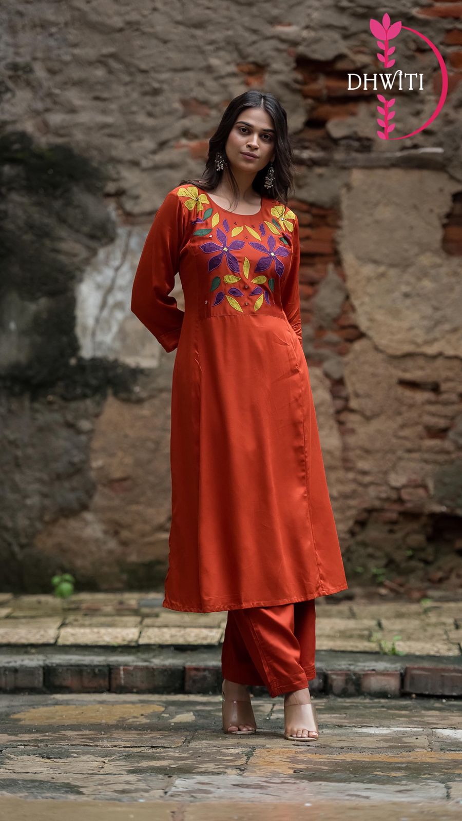 Orange Cord Set Flower pattern kurtha set