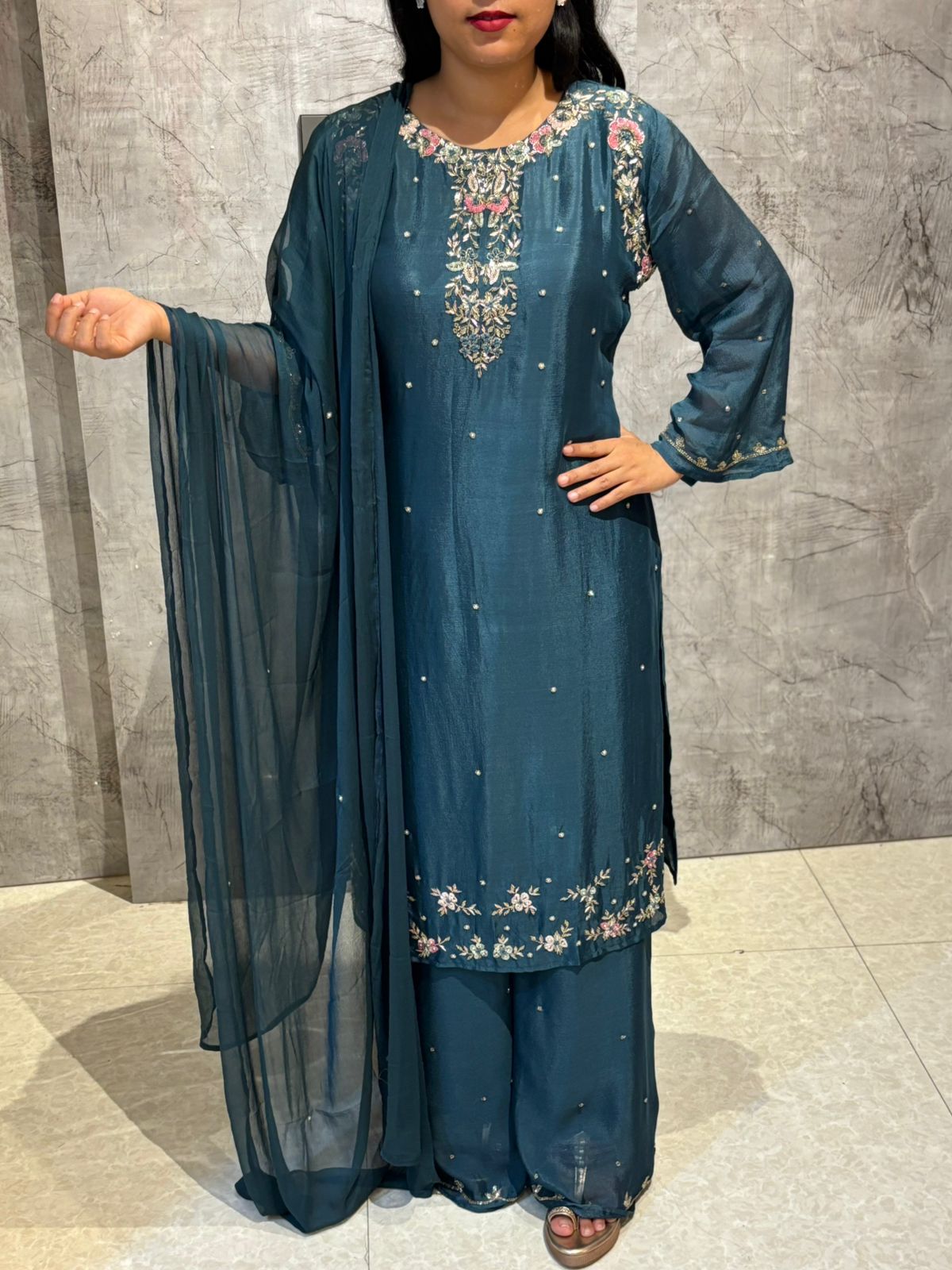 "Boomi" Steal Blue Designer Hand Embroidery Sharara party Kurtha set