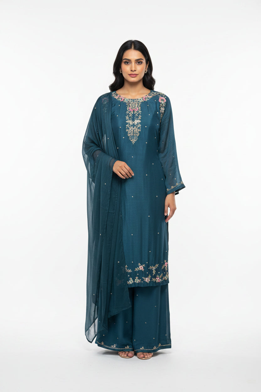 "Boomi" Steal Blue Designer Hand Embroidery Sharara party Kurtha set