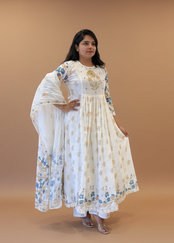Cream Mul Cotton Block Print Anarkali Kurtha 837