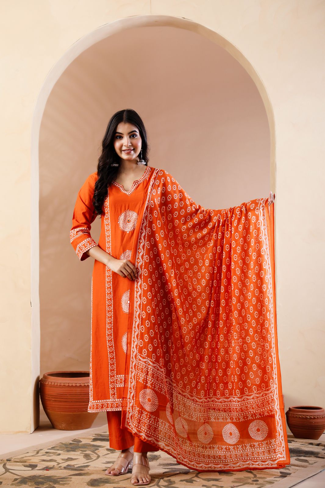 "Naya" Orange Mul Cotton Block Print Straight Fit Kurtha 100